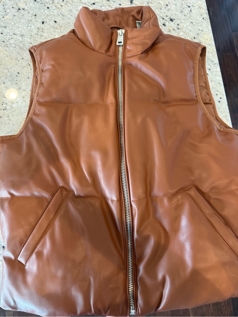 Women’s Levi Brown Leather Quilted Puffer Vest - Sleeveless Zip Front
